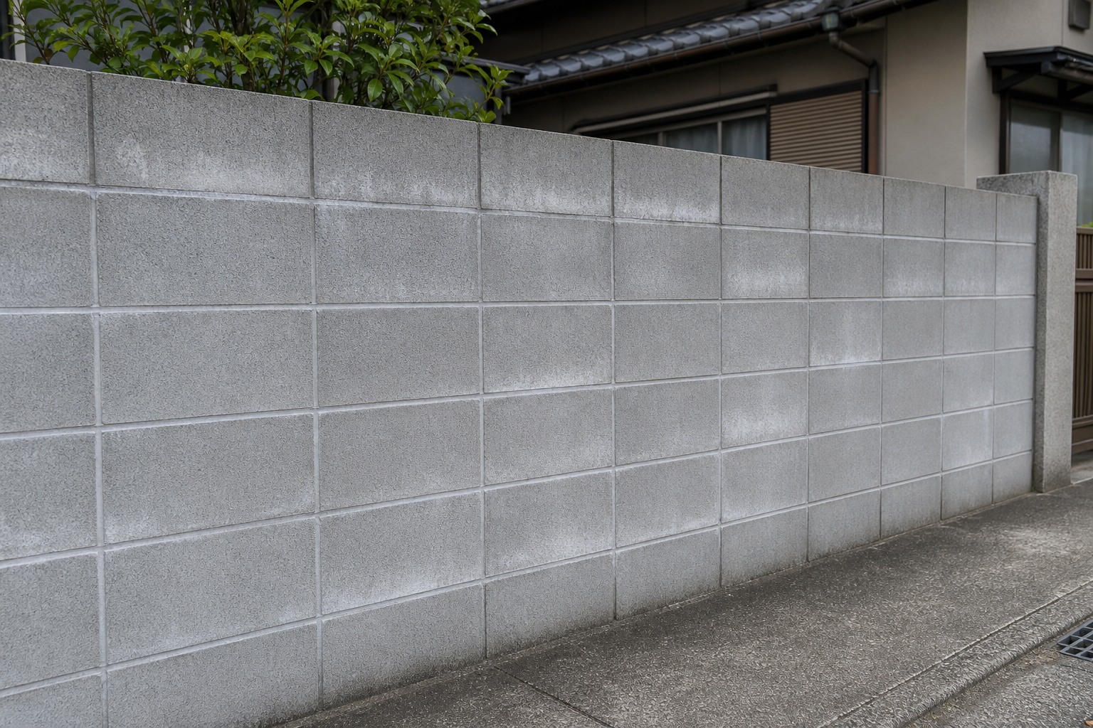 新しいブロック塀にうっすら出た白華
