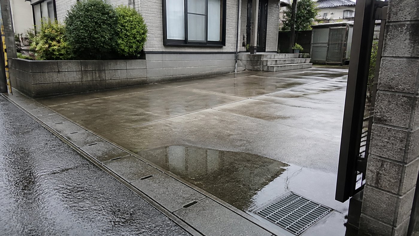 雨上がりに水たまりが残る駐車スペース