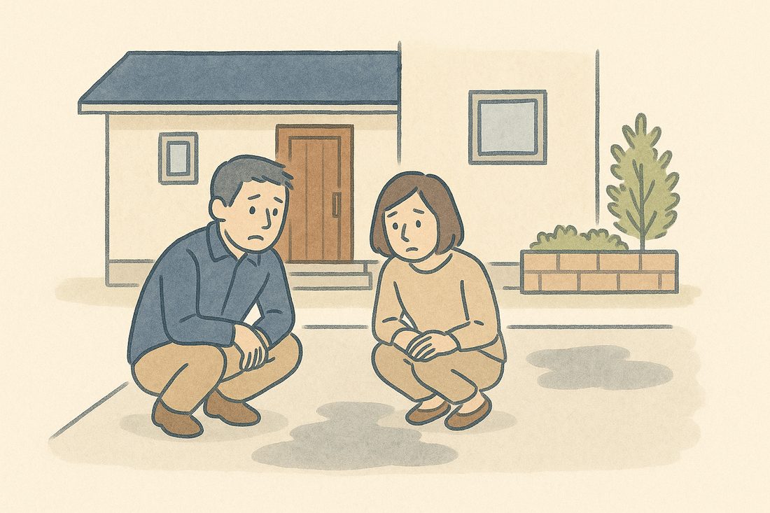 打ったばかりの土間コンクリートのまだらな色むらを見て不安になる場面